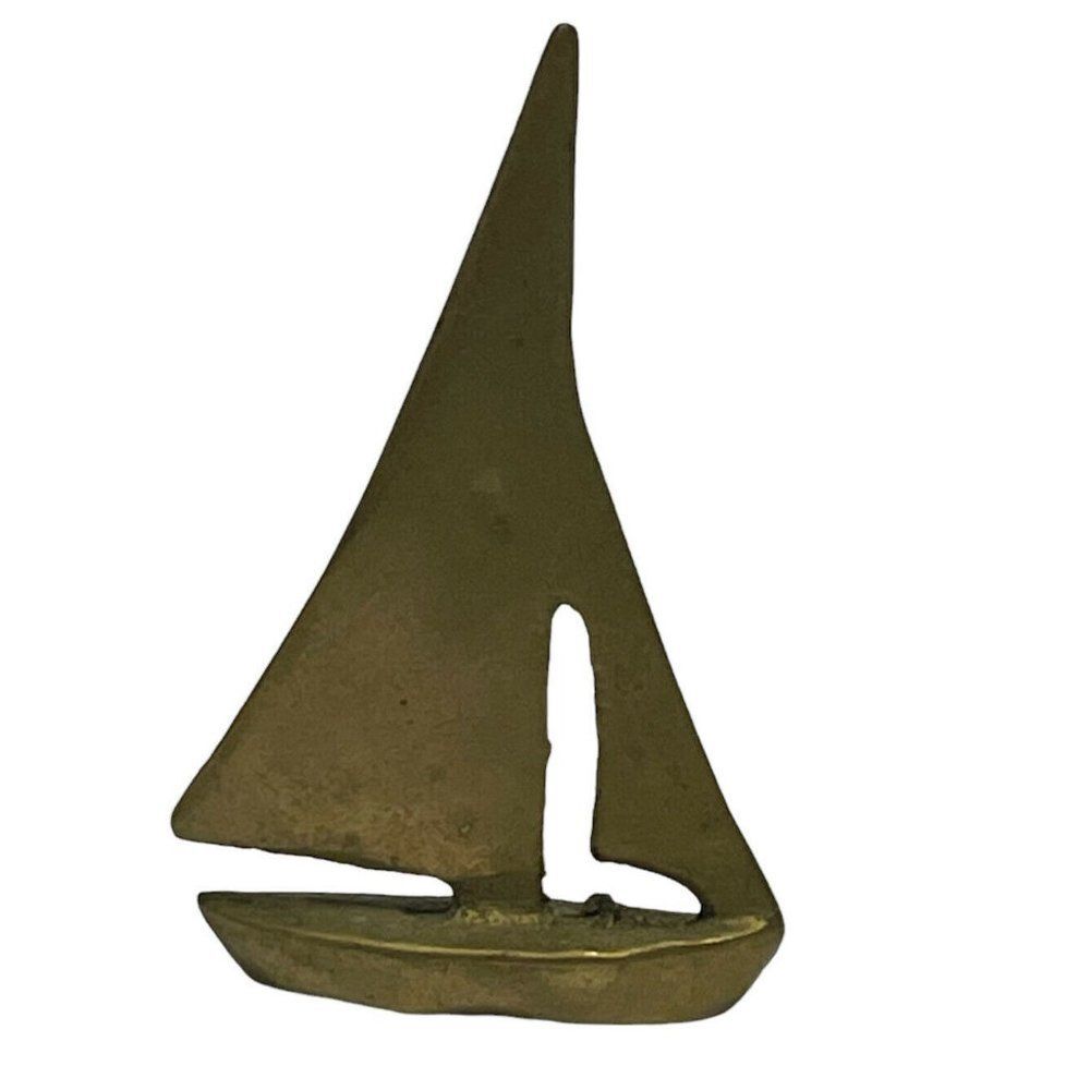 Vintage Solid Brass Sailboat Figurine Made Taiwan Nautical Beach Decor Patina
